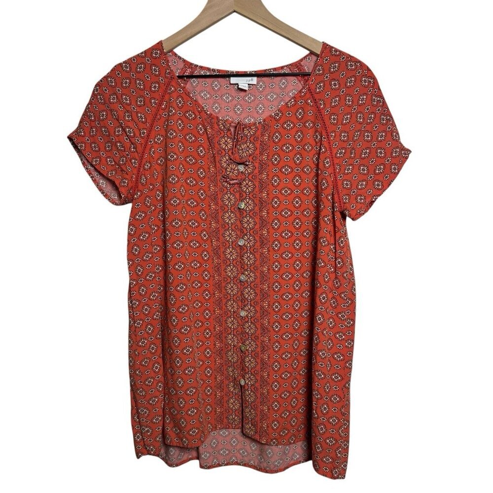 J. Jill Small Bohemain Sunflower Button Up Short Sleeve Red Top Modest Peasant
